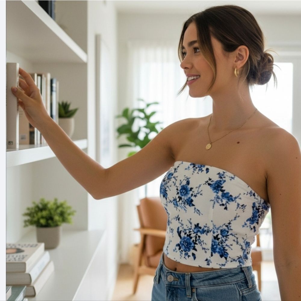 NEW- Floral Blue and White Women's Top